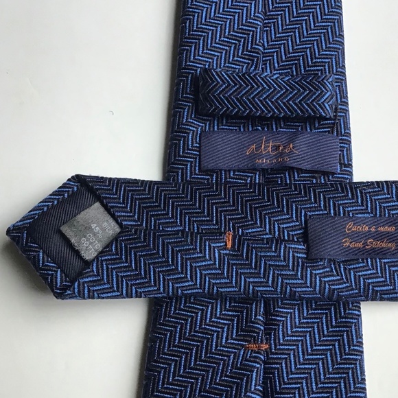 Altea blue textured herringbone silk & cotton tie handmade in Italy 🇮🇹 - Picture 1 of 6